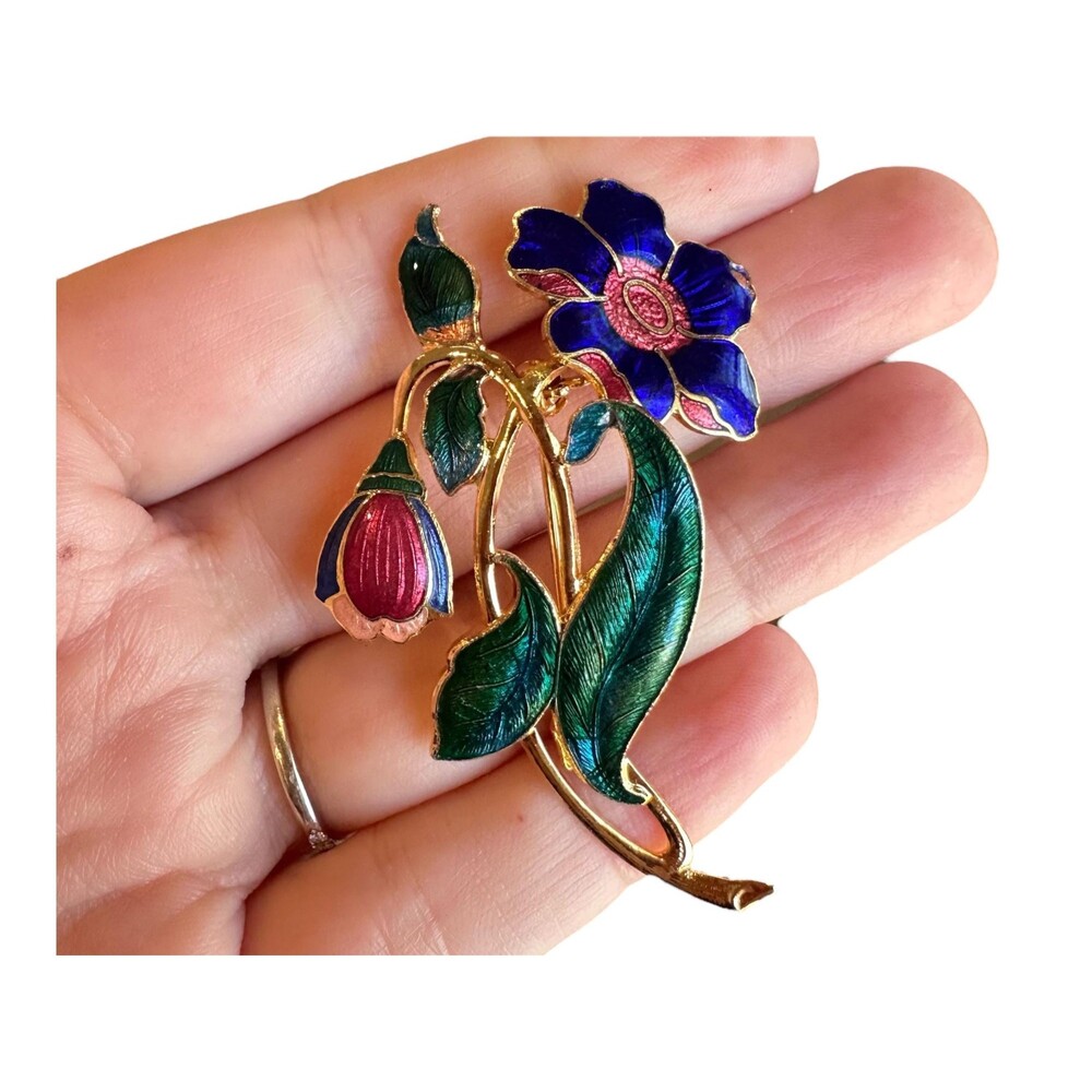 Vintage Floral Flower Brooch Pin Cloisonne Enamel Gold Tone Metal